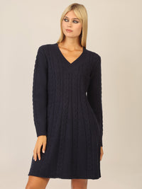 APART Strickkleid mit Zopfmuster und V-Ausschnitt | nachtblau