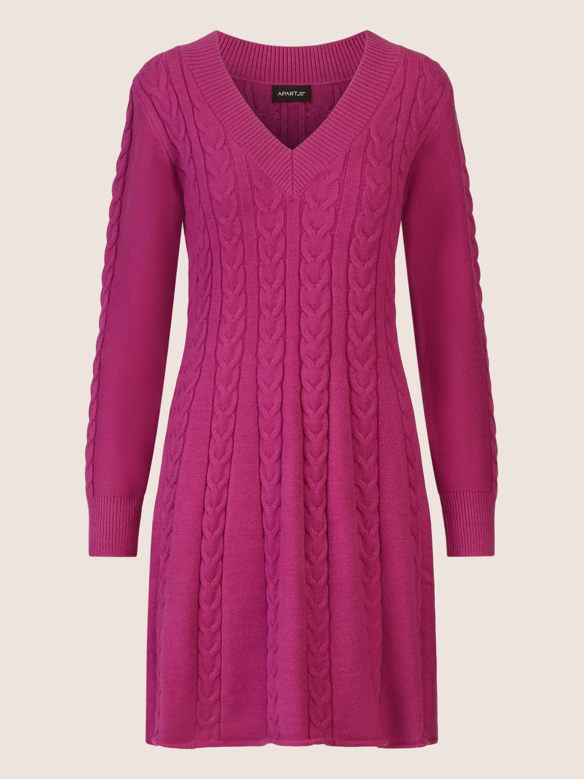 APART Strickkleid mit Zopfmuster und V-Ausschnitt | lila