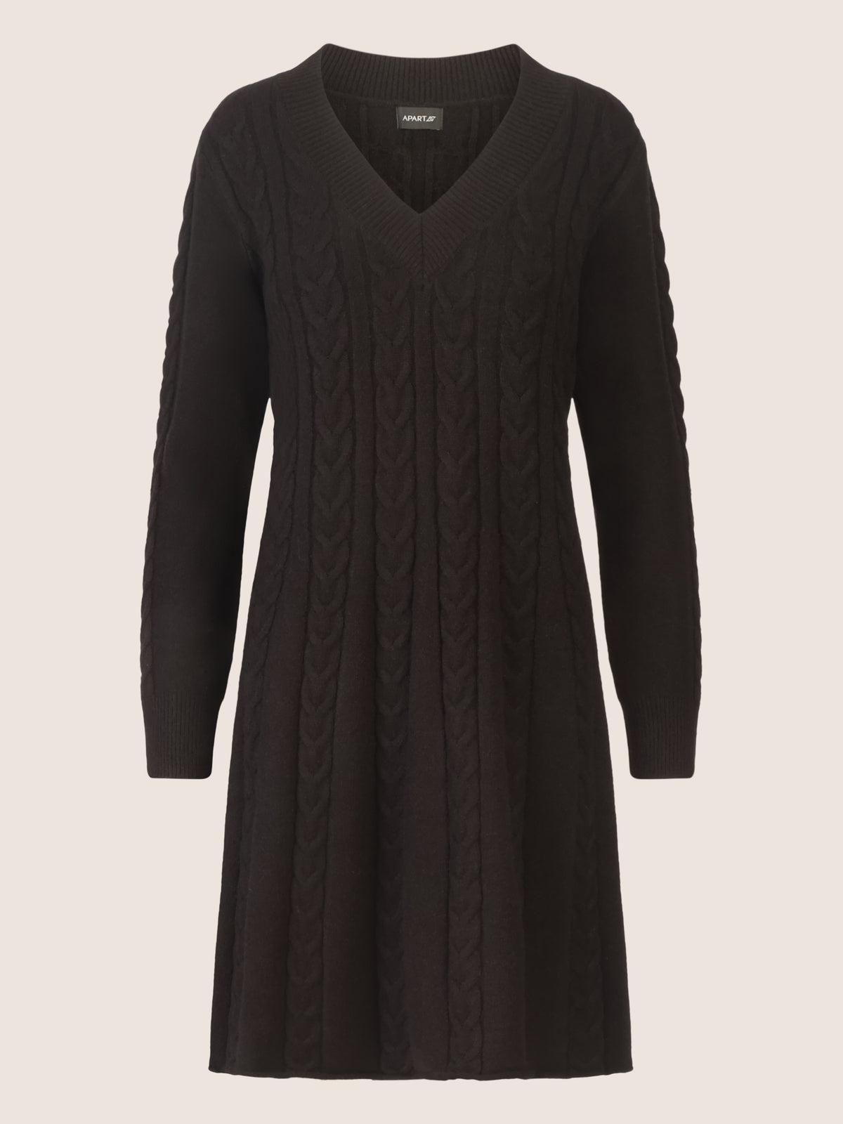 APART Strickkleid mit Zopfmuster und V-Ausschnitt | schwarz