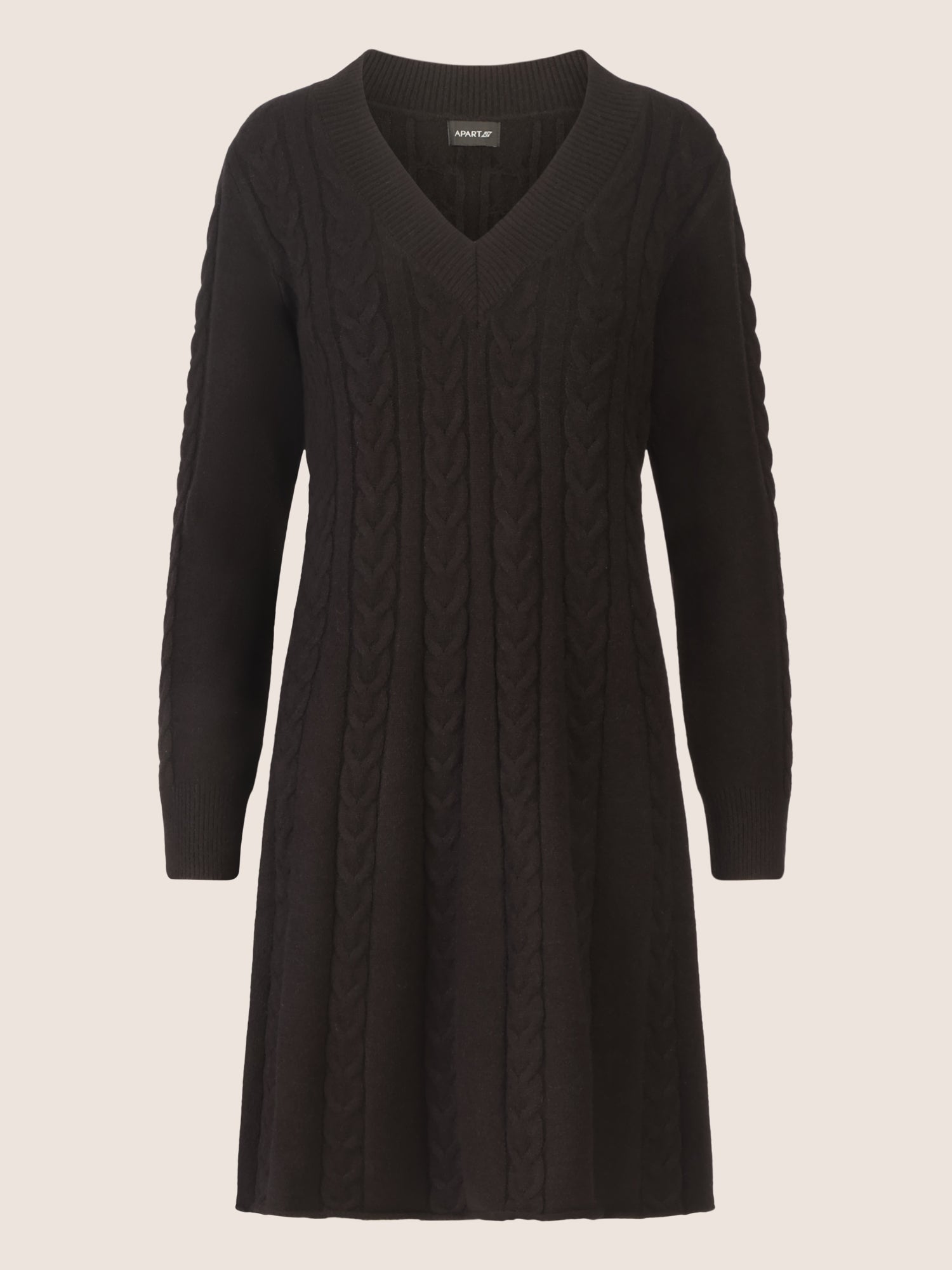 APART Strickkleid mit Zopfmuster und V-Ausschnitt | schwarz