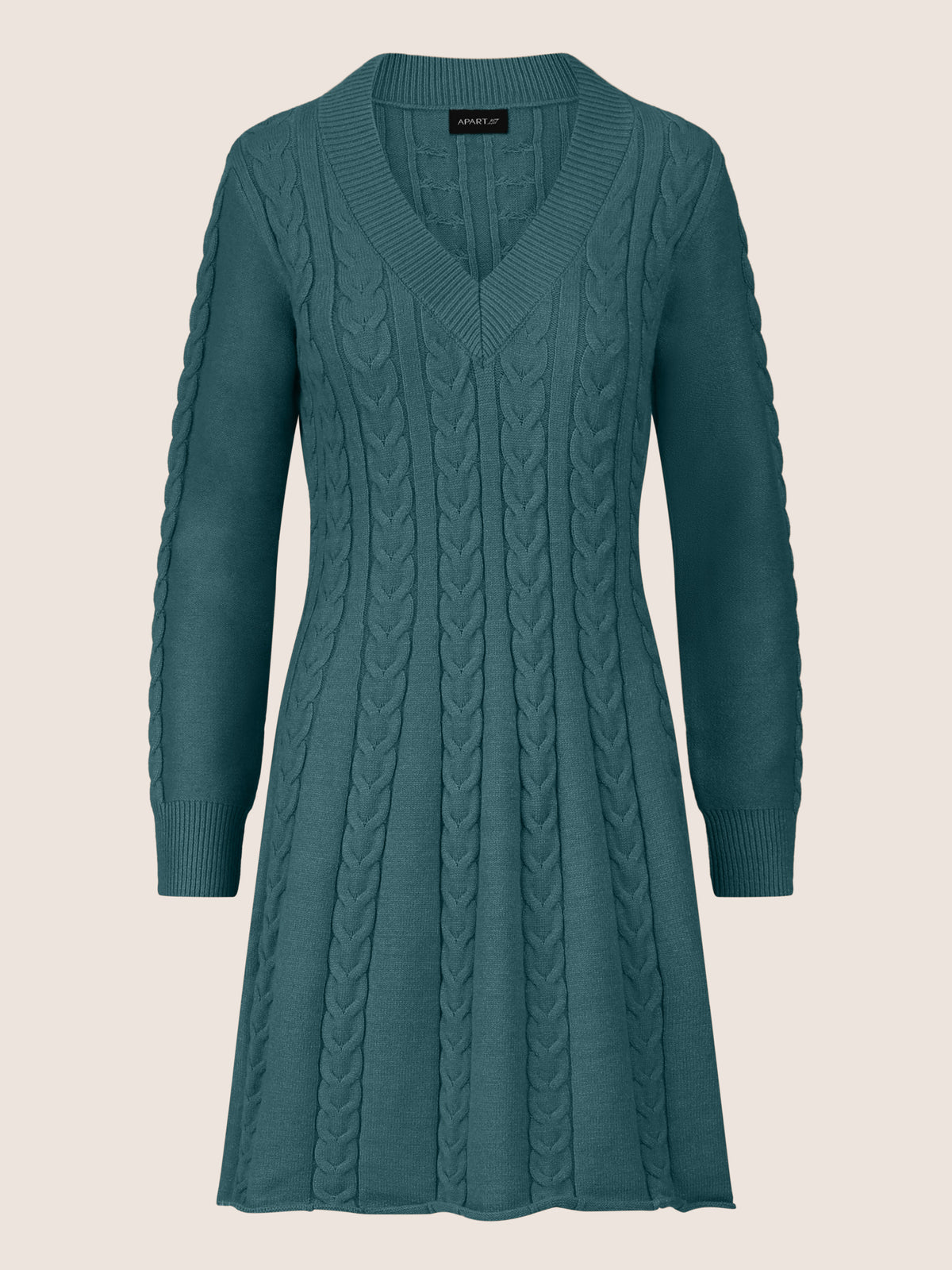 APART Strickkleid mit Zopfmuster und V-Ausschnitt | dunkelgrün