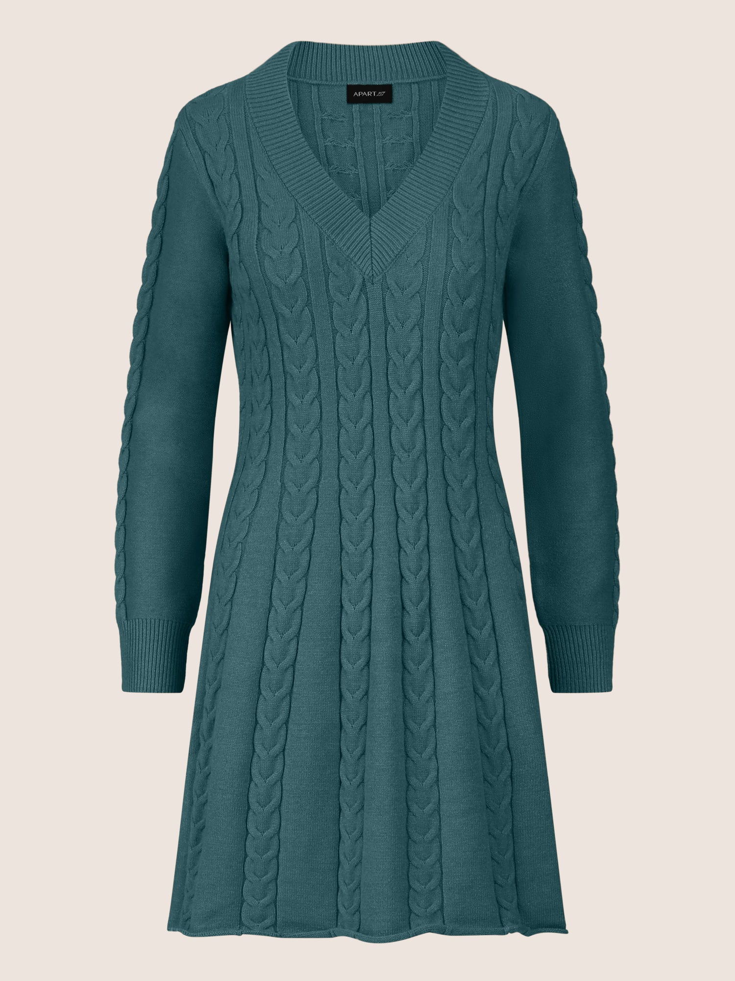 APART Strickkleid mit Zopfmuster und V-Ausschnitt | dunkelgrün