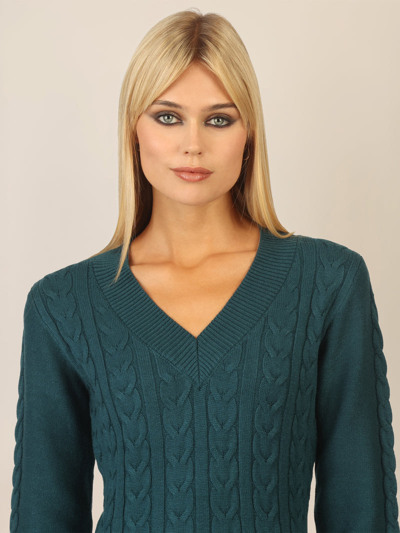 APART Strickkleid mit Zopfmuster und V-Ausschnitt | dunkelgrün