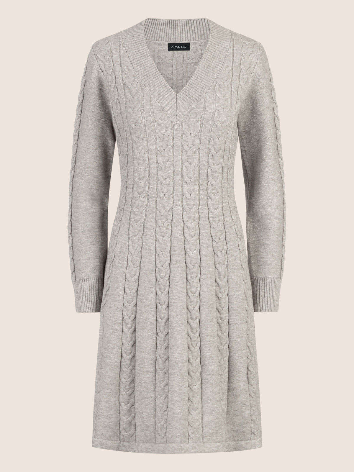 APART Strickkleid mit Zopfmuster und V-Ausschnitt | graumeliert
