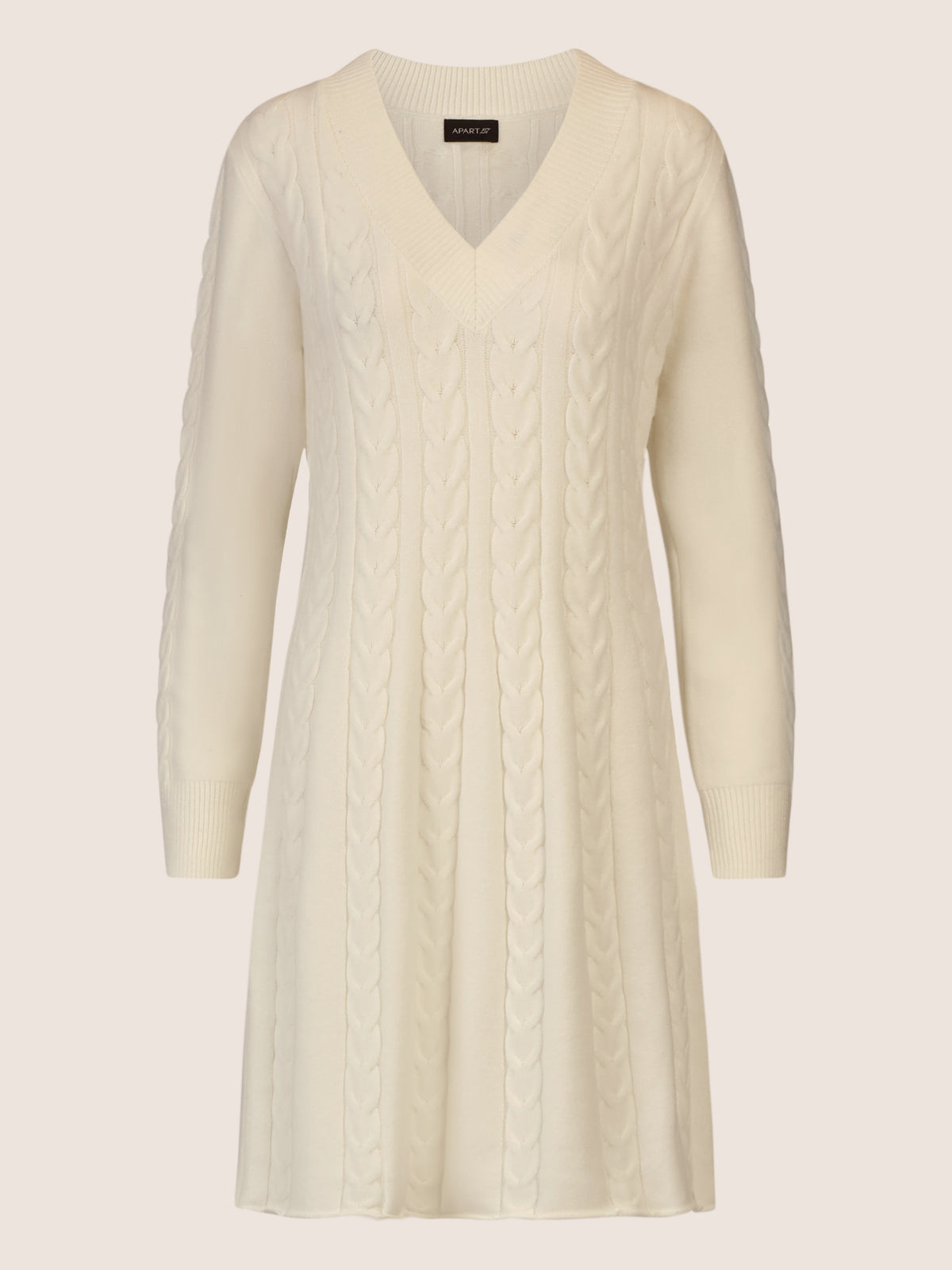 APART Strickkleid mit Zopfmuster und V-Ausschnitt | creme