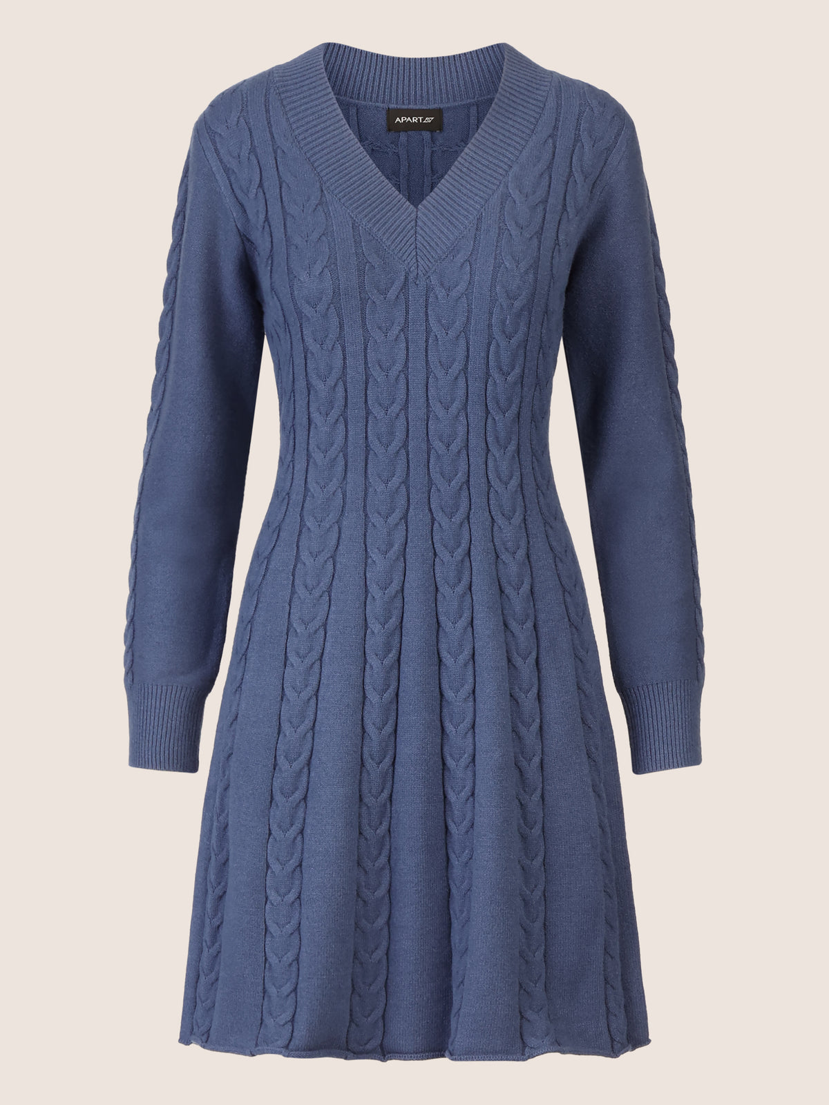 APART Strickkleid mit Zopfmuster und V-Ausschnitt | mittelblau