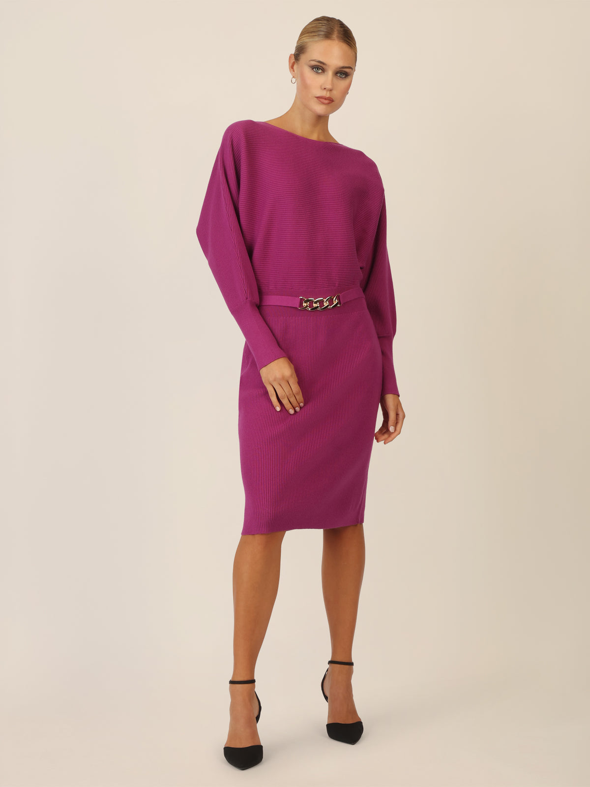 APART Strickkleid mit Gliederkette Detail Gürtel | lila