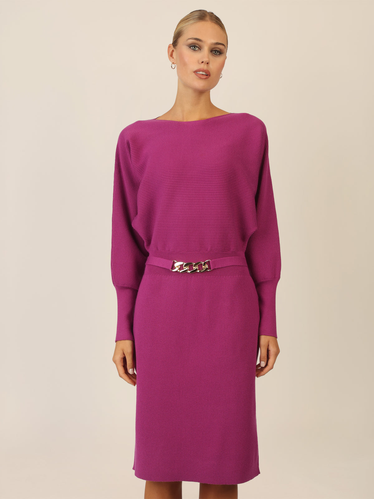 APART Strickkleid mit Gliederkette Detail Gürtel | lila