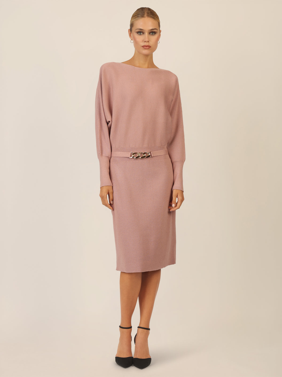 APART Strickkleid mit Gliederkette Detail Gürtel | mauve