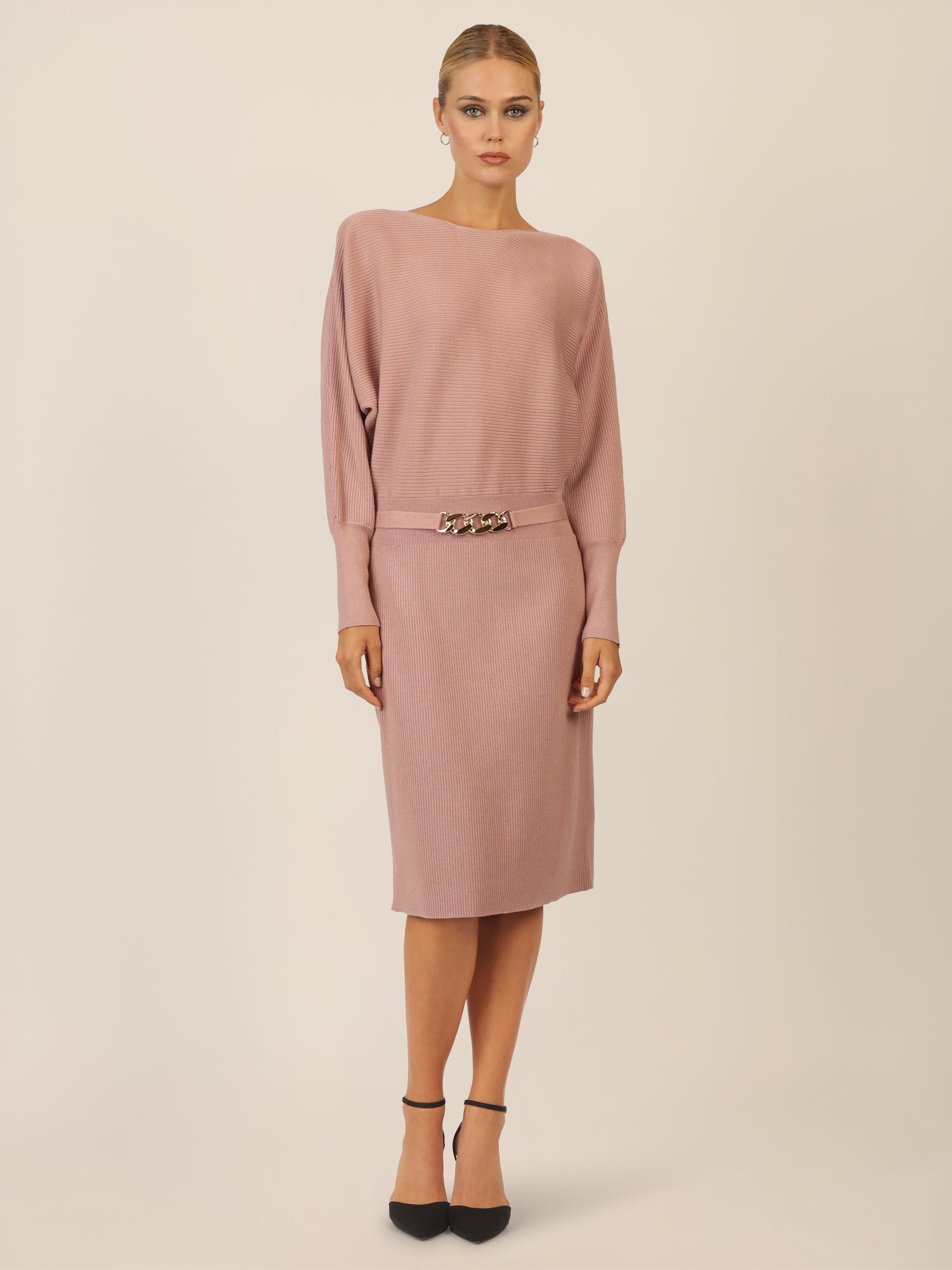 APART Strickkleid mit Gliederkette Detail Gürtel | mauve