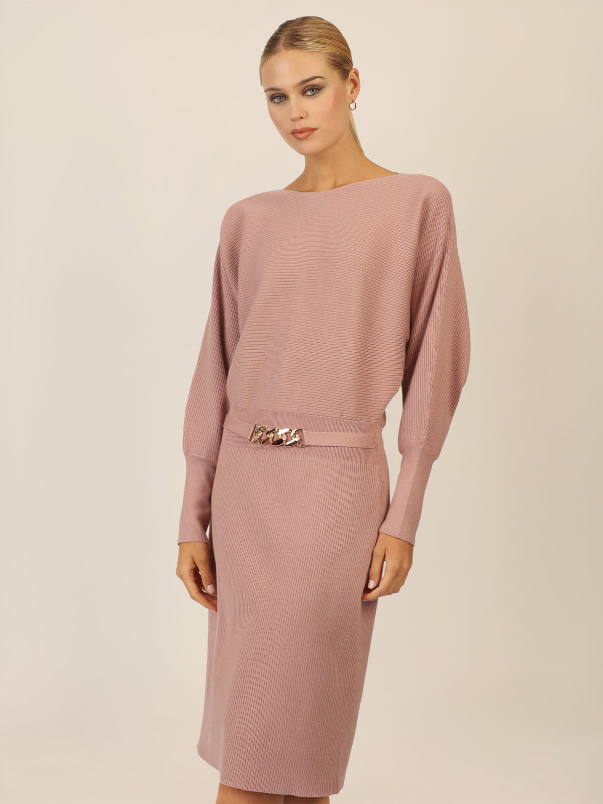 APART Strickkleid mit Gliederkette Detail Gürtel | mauve
