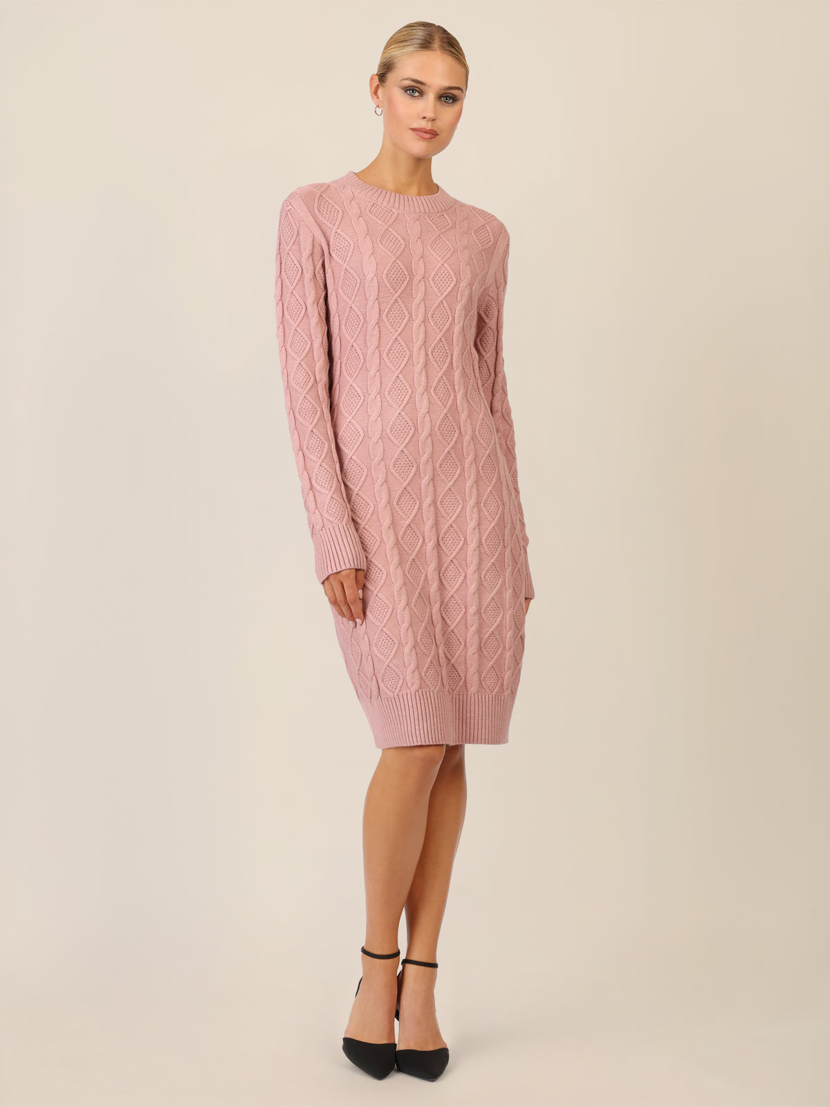 APART Strickkleid mit Strukturmuster und Rundhalsausschnitt | mauve