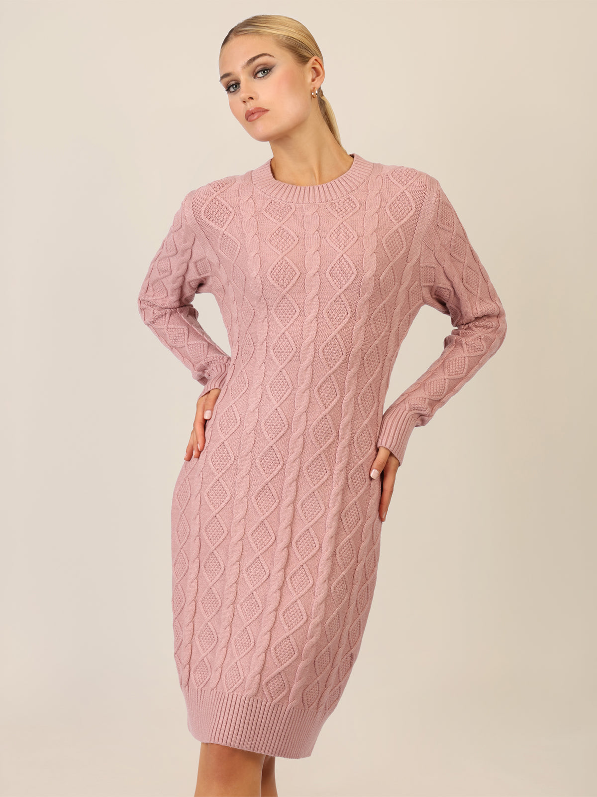 APART Strickkleid mit Strukturmuster und Rundhalsausschnitt | mauve