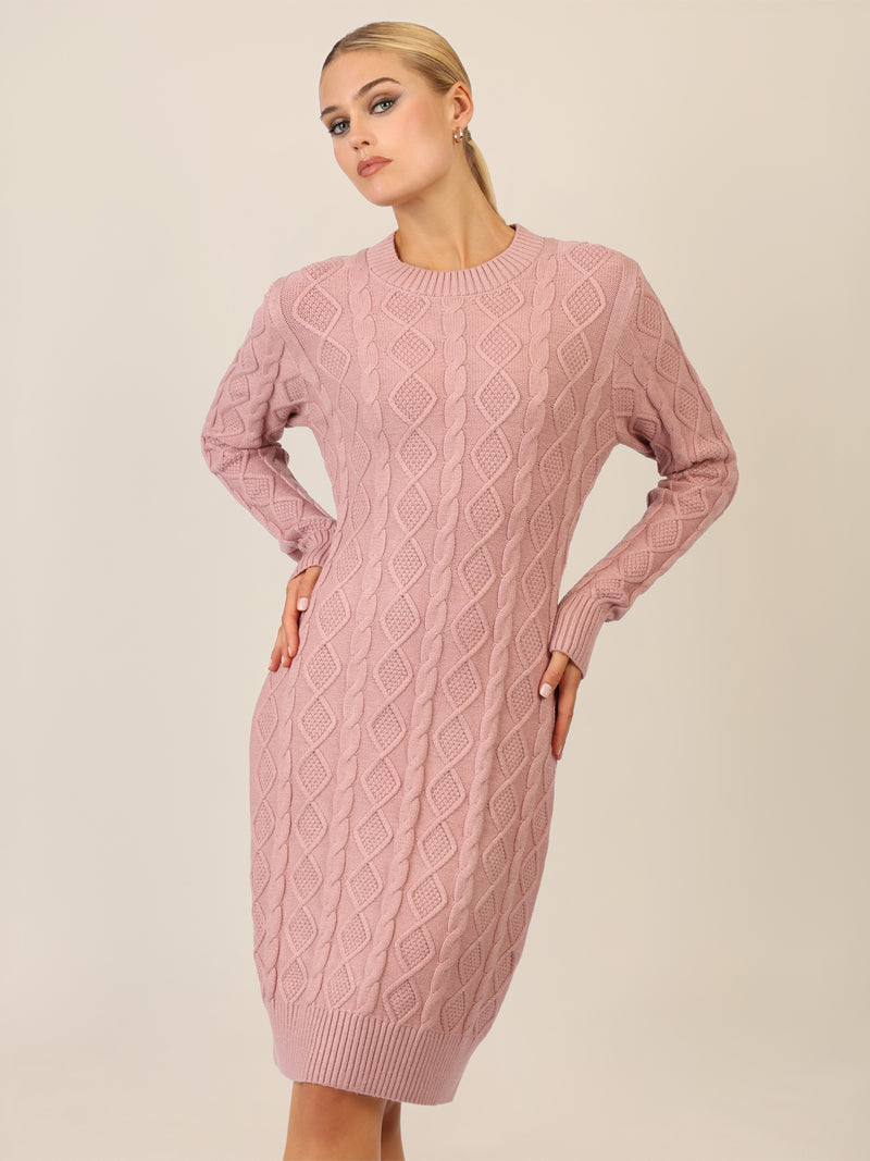 APART Strickkleid mit Strukturmuster und Rundhalsausschnitt | mauve