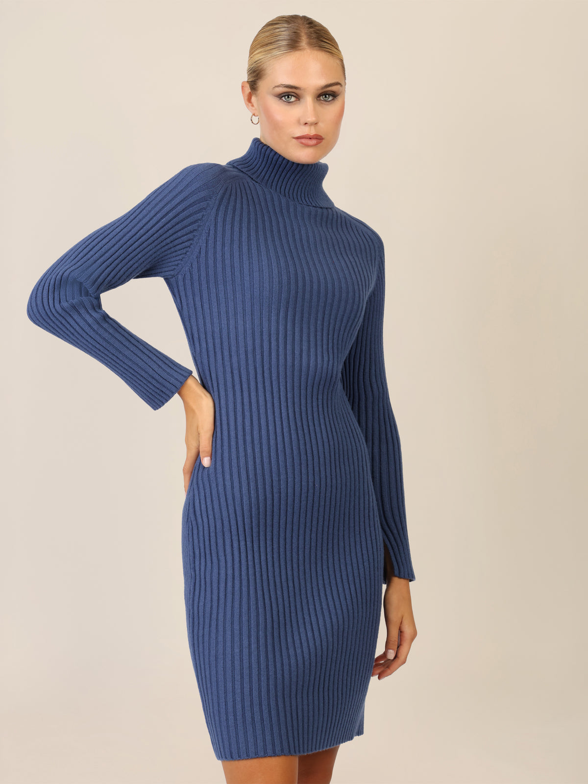 APART Rippenstrickkleid mit Rollkragen | mittelblau