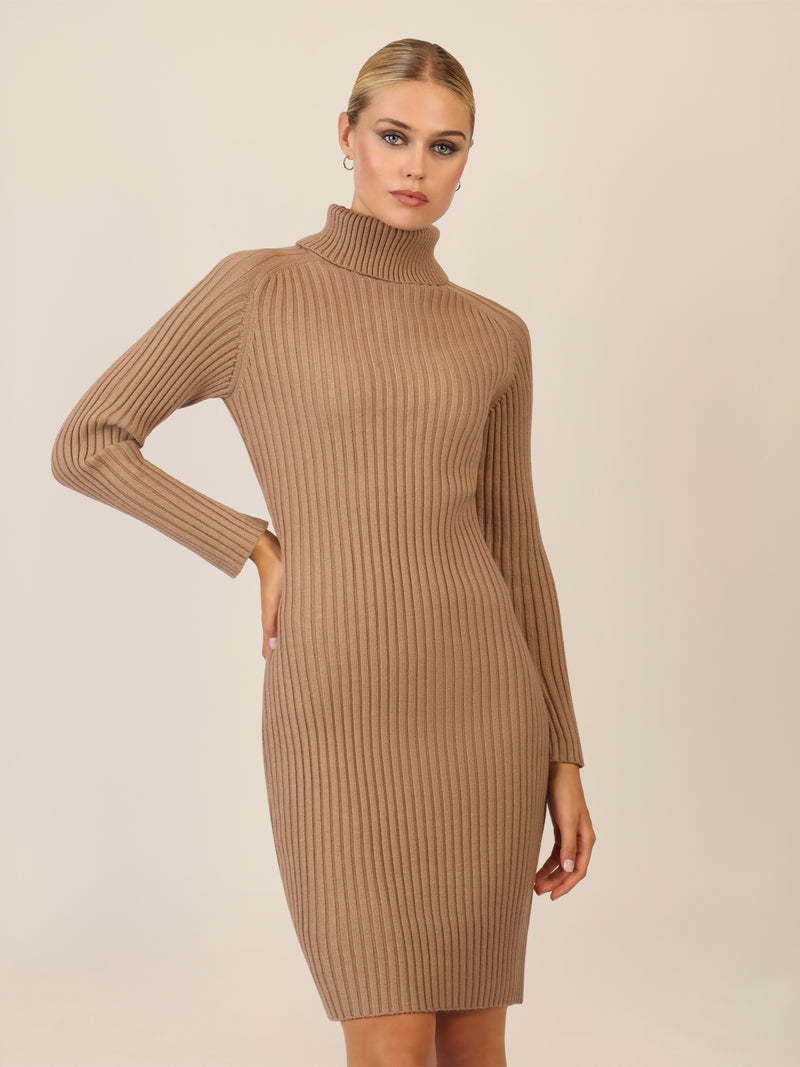 APART Rippenstrickkleid mit Rollkragen | camel