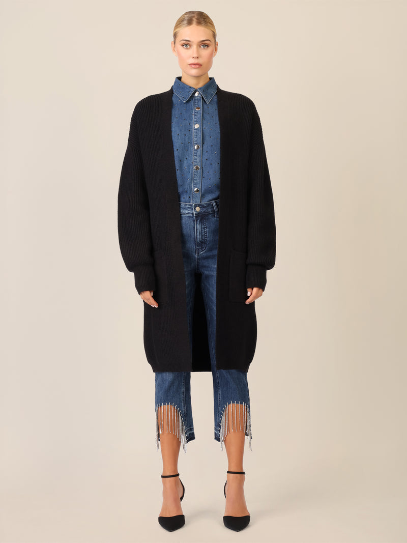 APART Lange Strickjacke mit aufgesetzten Taschen | schwarz