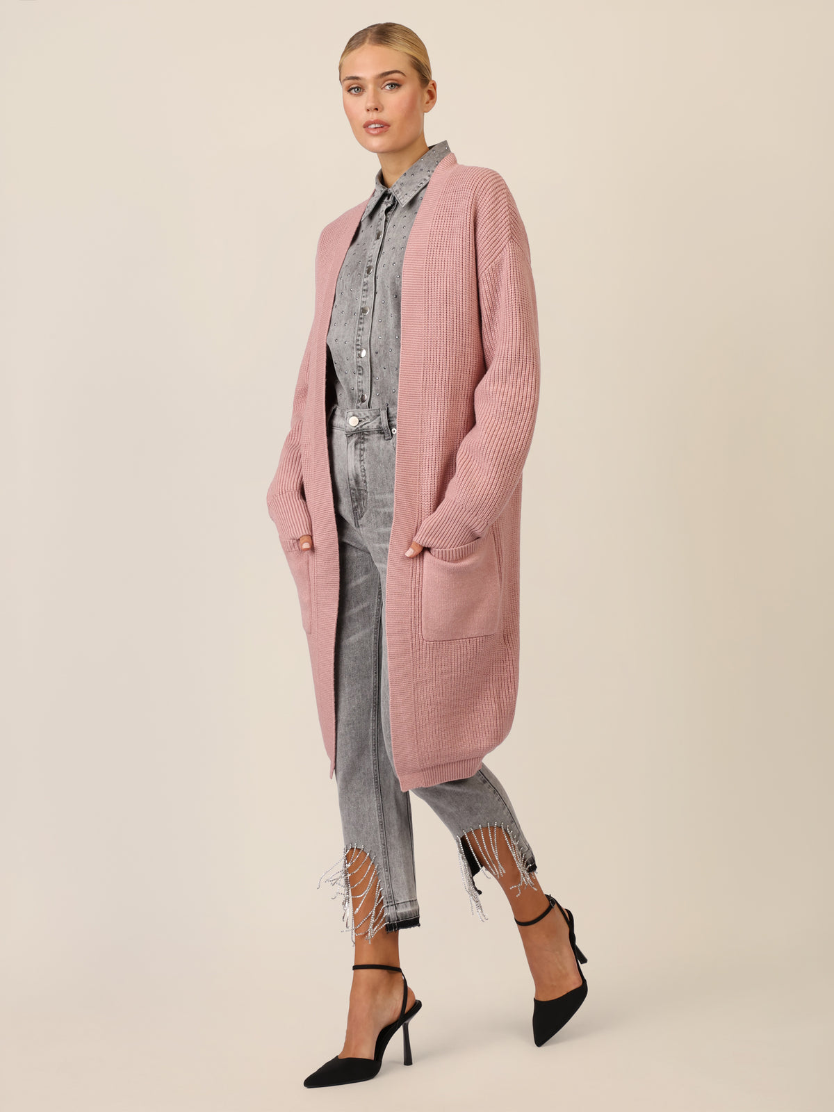 APART Lange Strickjacke mit aufgesetzten Taschen | mauve