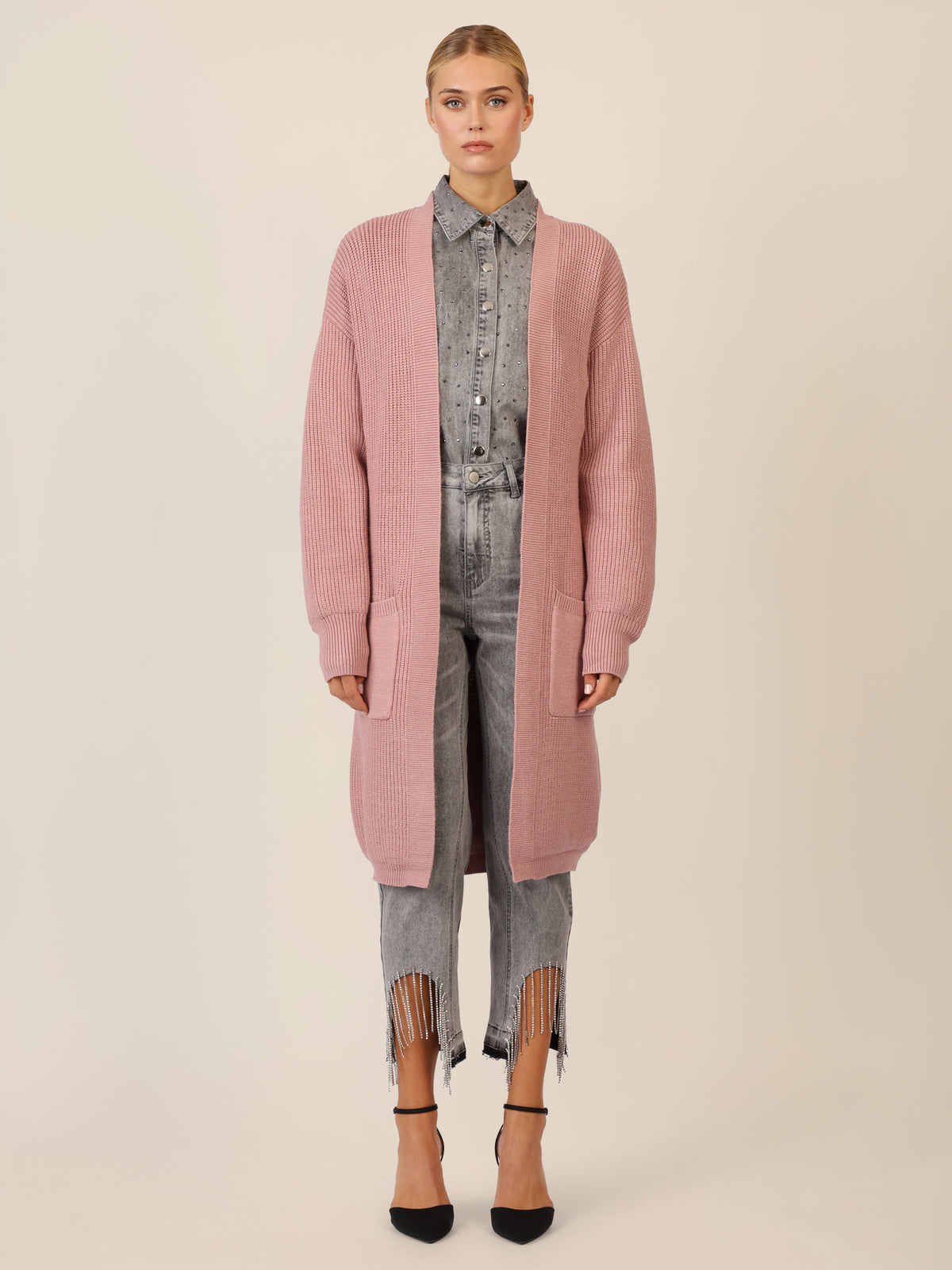 APART Lange Strickjacke mit aufgesetzten Taschen | mauve