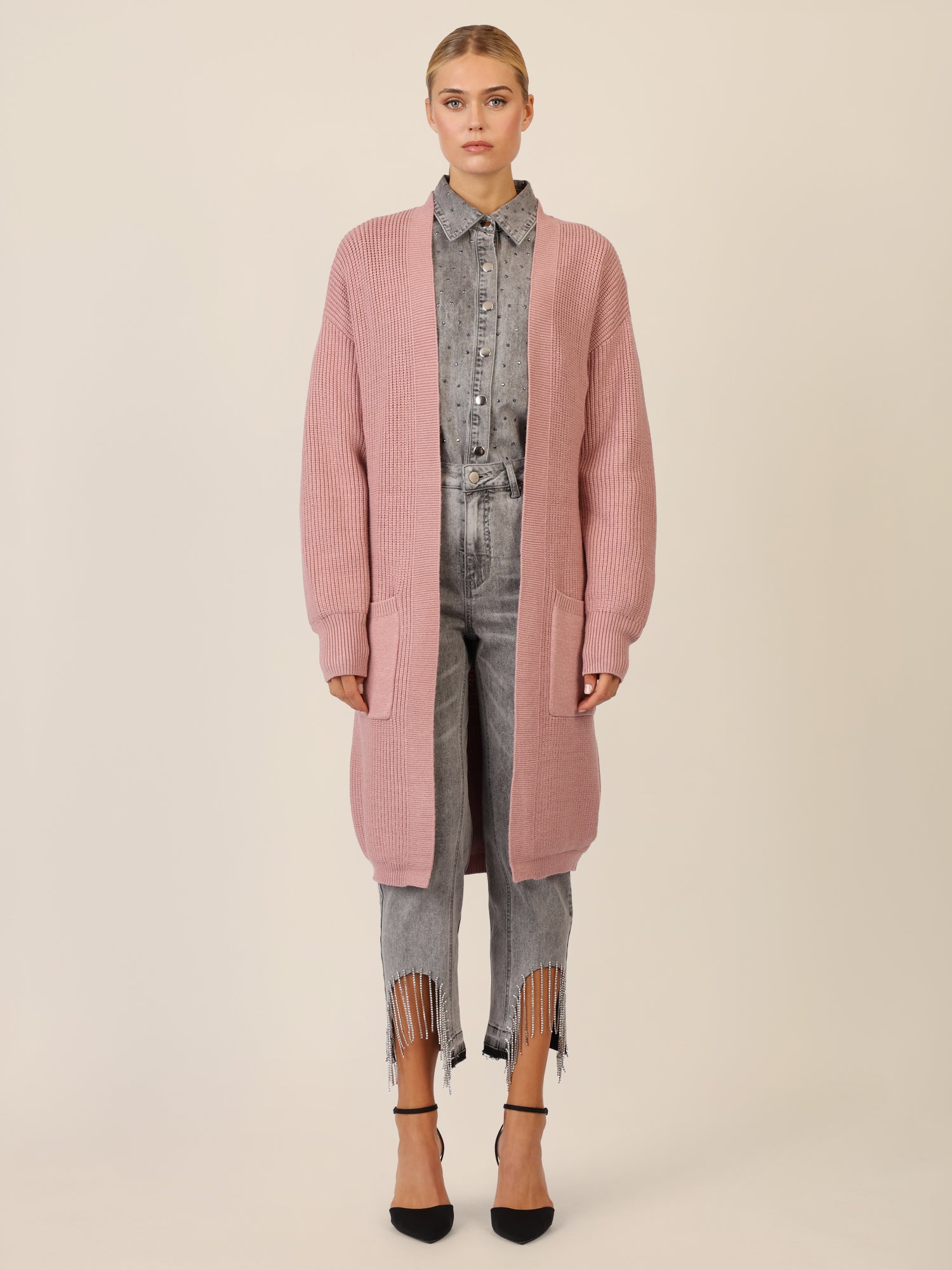 APART Lange Strickjacke mit aufgesetzten Taschen | mauve