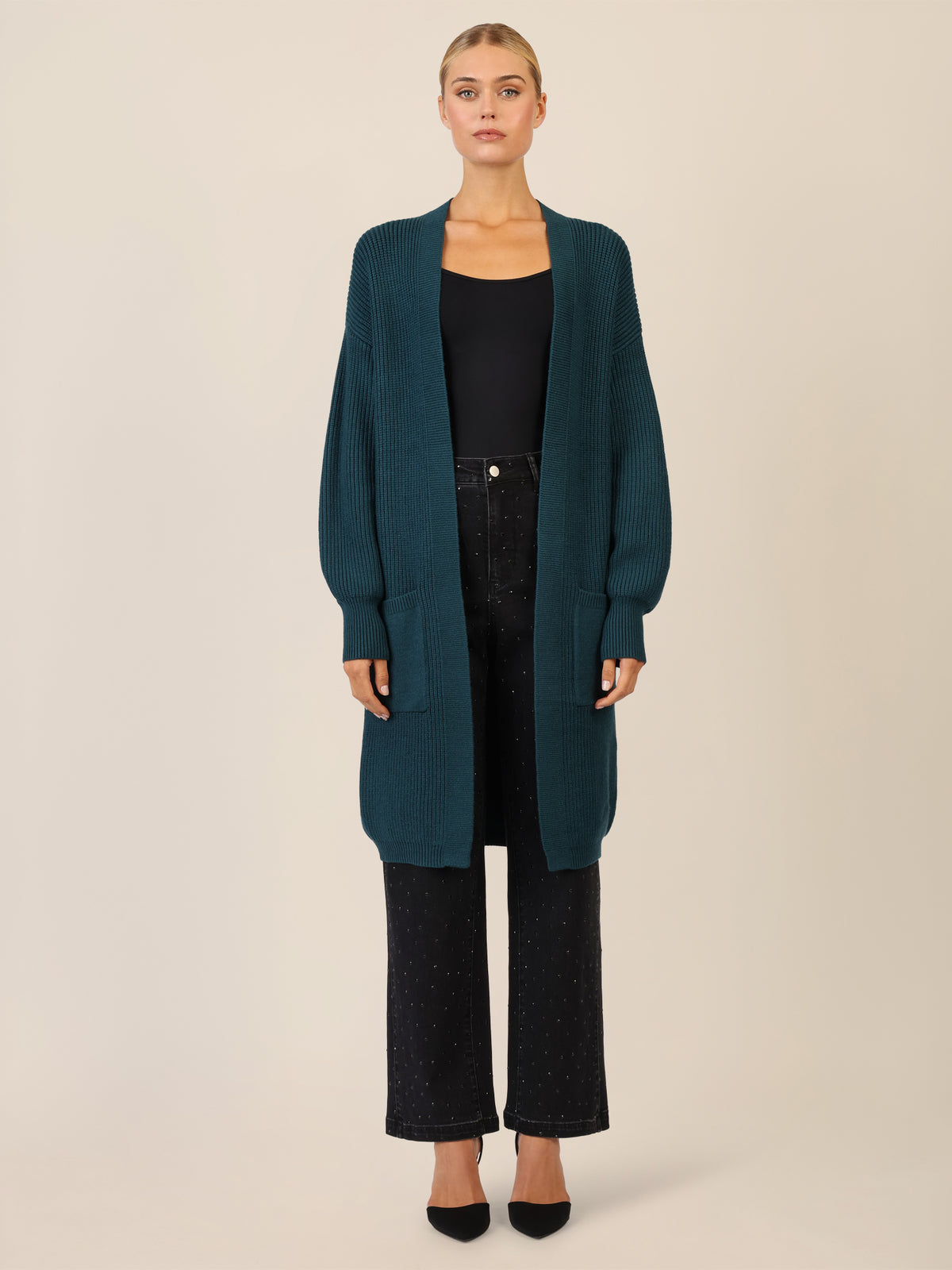 APART Lange Strickjacke mit aufgesetzten Taschen | dunkelgrün