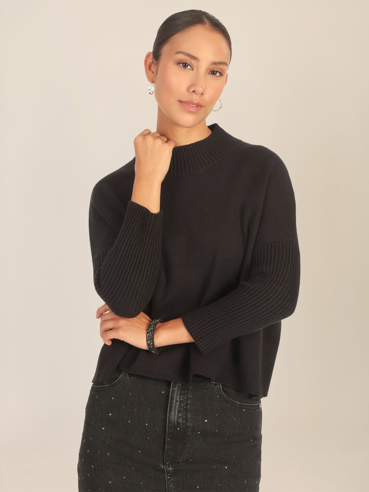 APART Oversized Pullover mit Stehkragen und Rippenstruktur | schwarz
