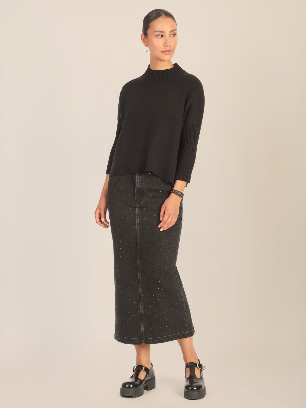 APART Oversized Pullover mit Stehkragen und Rippenstruktur | schwarz