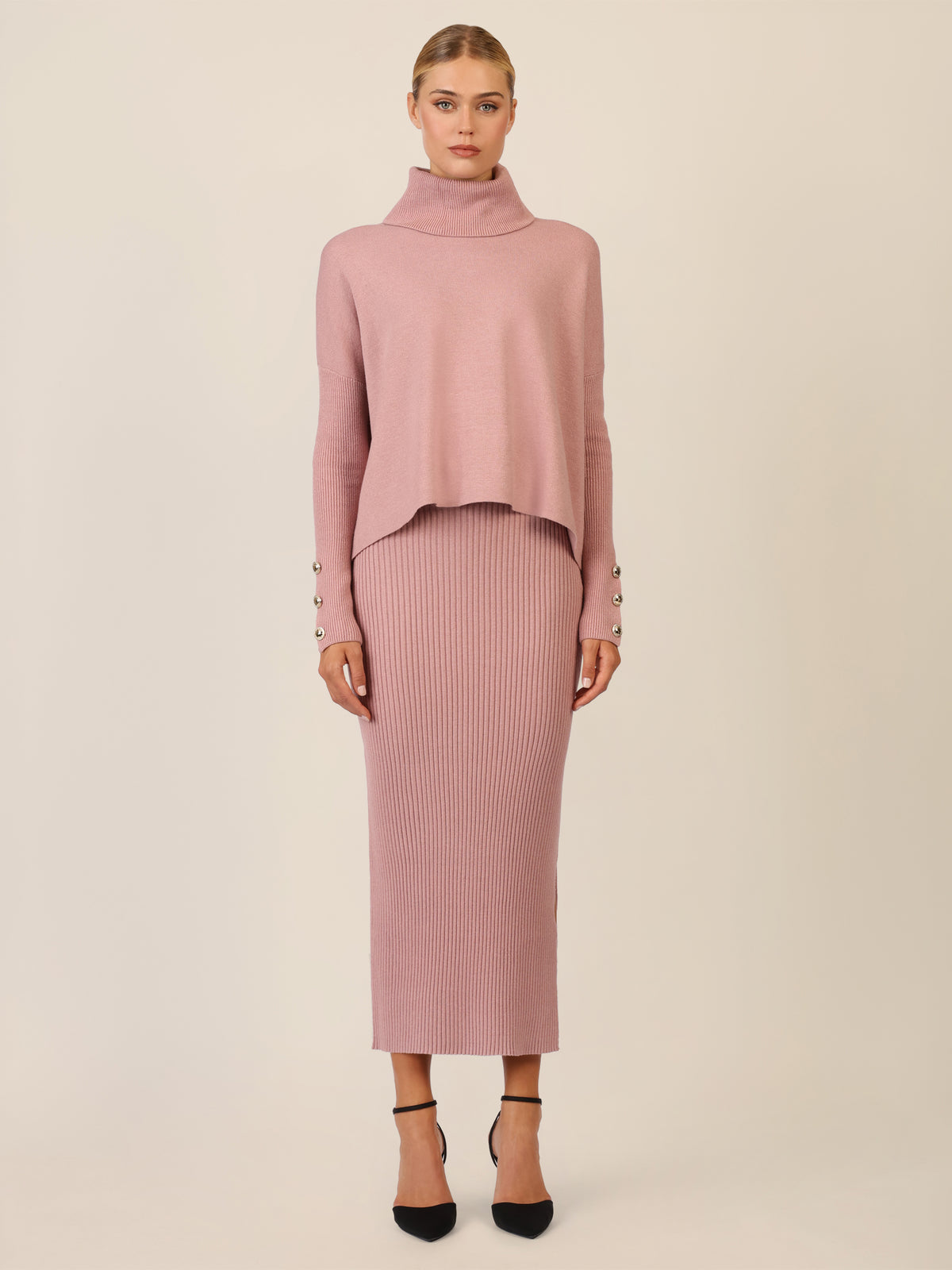 APART Oversized Pullover mit Rollkragen und Schmuckknöpfen | mauve