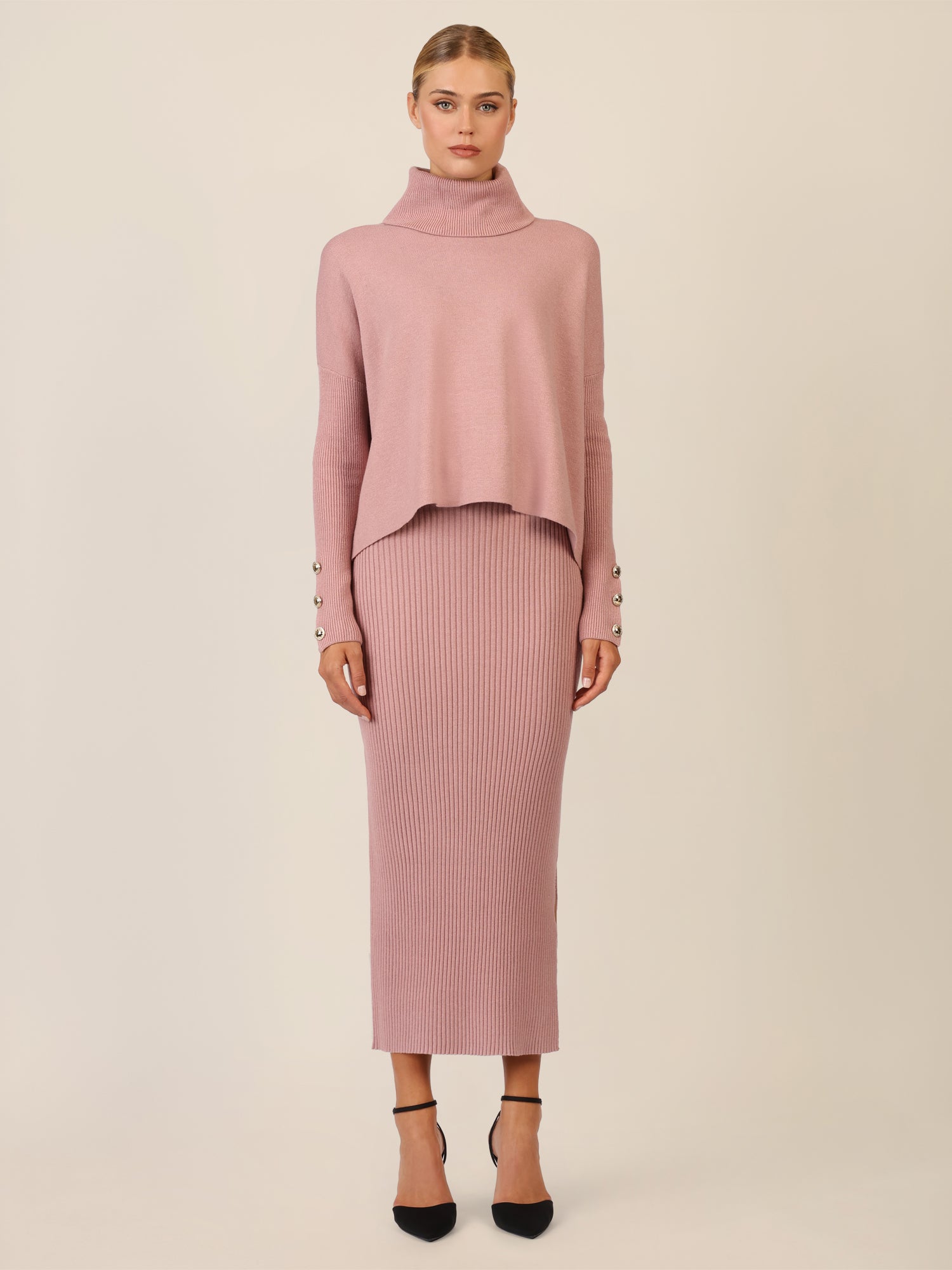 APART Oversized Pullover mit Rollkragen und Schmuckknöpfen | mauve