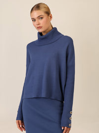 APART Oversized Pullover mit Rollkragen und Schmuckknöpfen | mittelblau