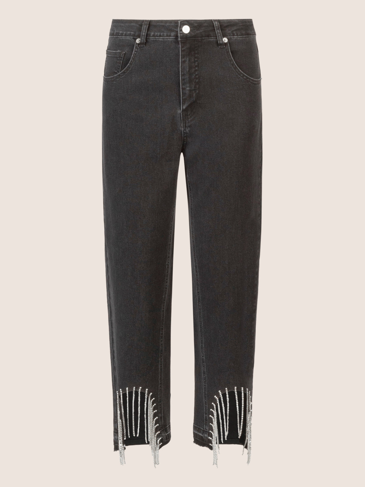 APART Mom Jeans mit Kristallsteinen mit Kristallstein Fransen am Saum | schwarz