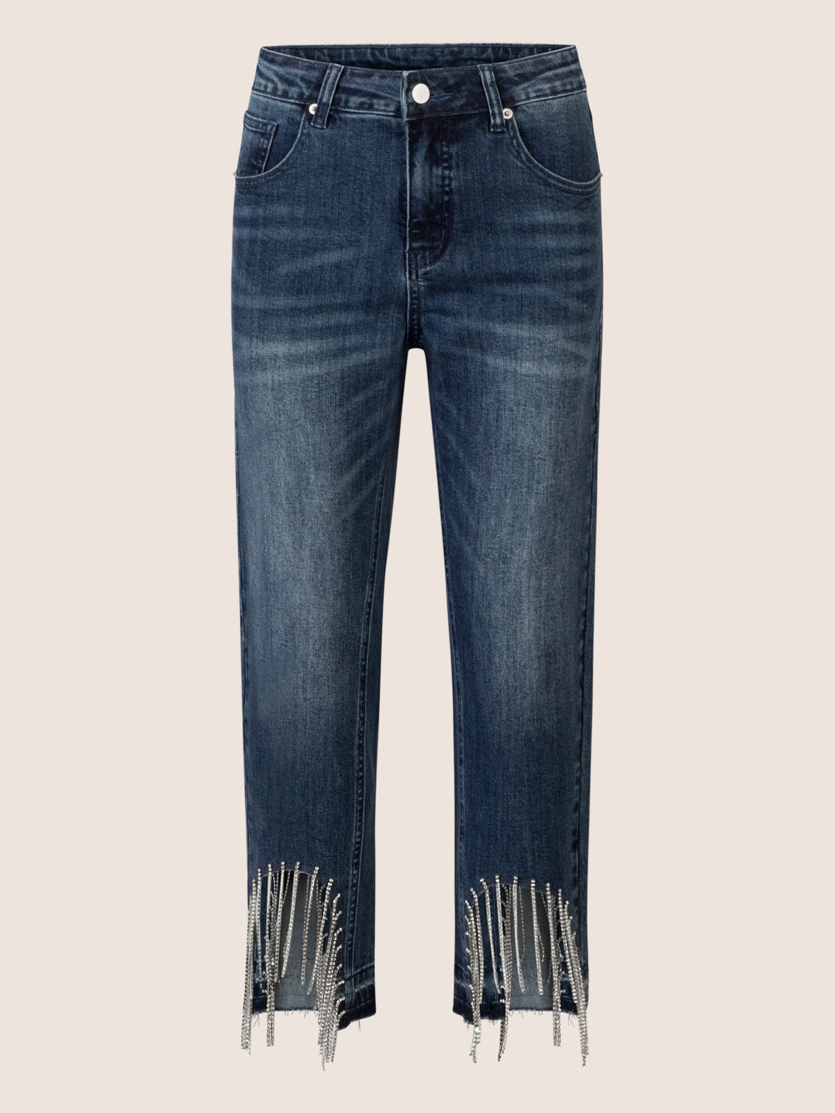 APART Mom Jeans mit Kristallsteinen mit Kristallstein Fransen am Saum | mittelblau