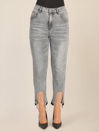 APART Mom Jeans mit Kristallsteinen mit Kristallstein Fransen am Saum | grau