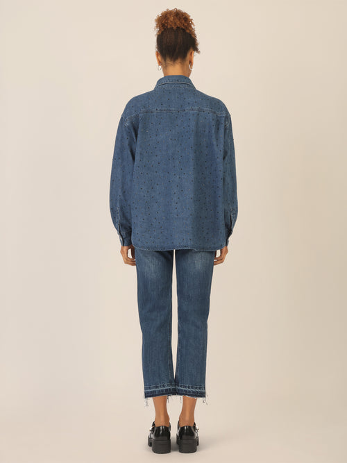 APART Jeanshemd mit Kristallsteinen mit Überschnittene Schultern | mittelblau image 1