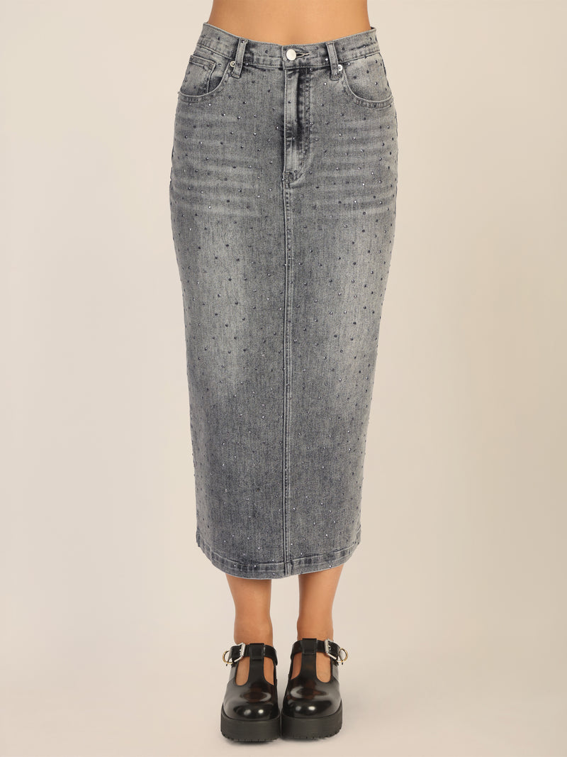 APART Jeansrock mit Kristallsteinen in Allover-Optik | grau