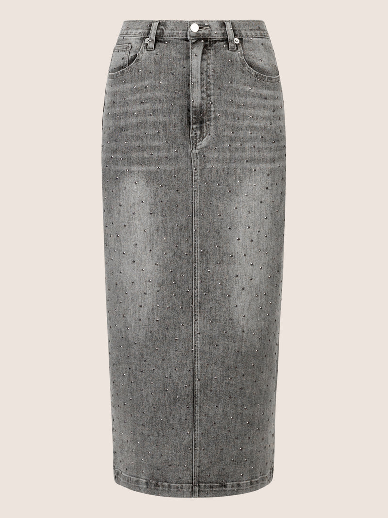 APART Jeansrock mit Kristallsteinen in Allover-Optik | grau