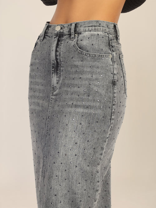 APART Jeansrock mit Kristallsteinen in Allover-Optik | grau image 1
