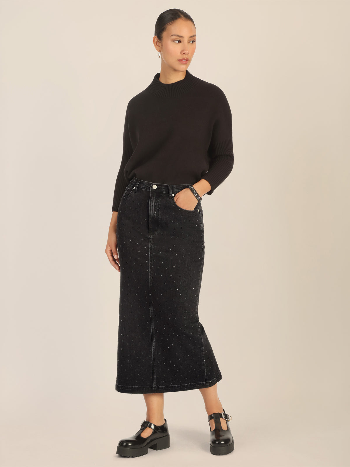 APART Jeansrock mit Kristallsteinen in Allover-Optik | schwarz