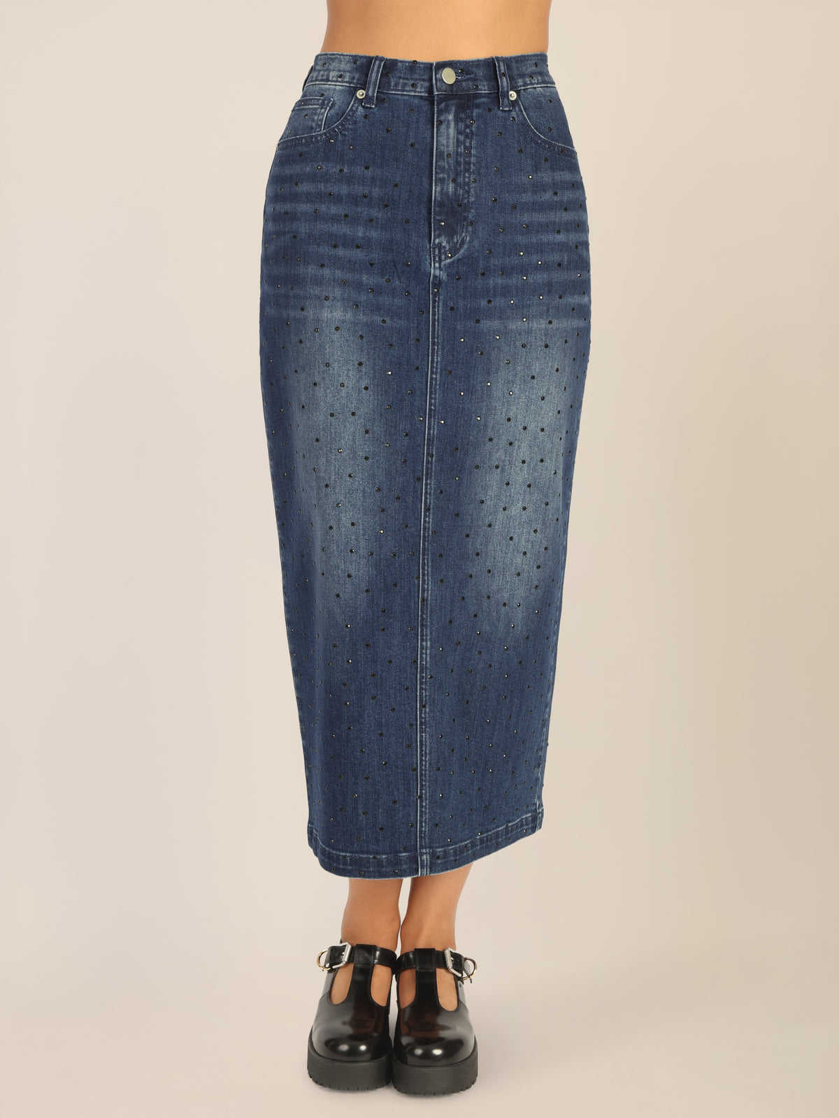 APART Jeansrock mit Kristallsteinen in Allover-Optik | mittelblau