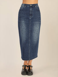 APART Jeansrock mit Kristallsteinen in Allover-Optik | mittelblau