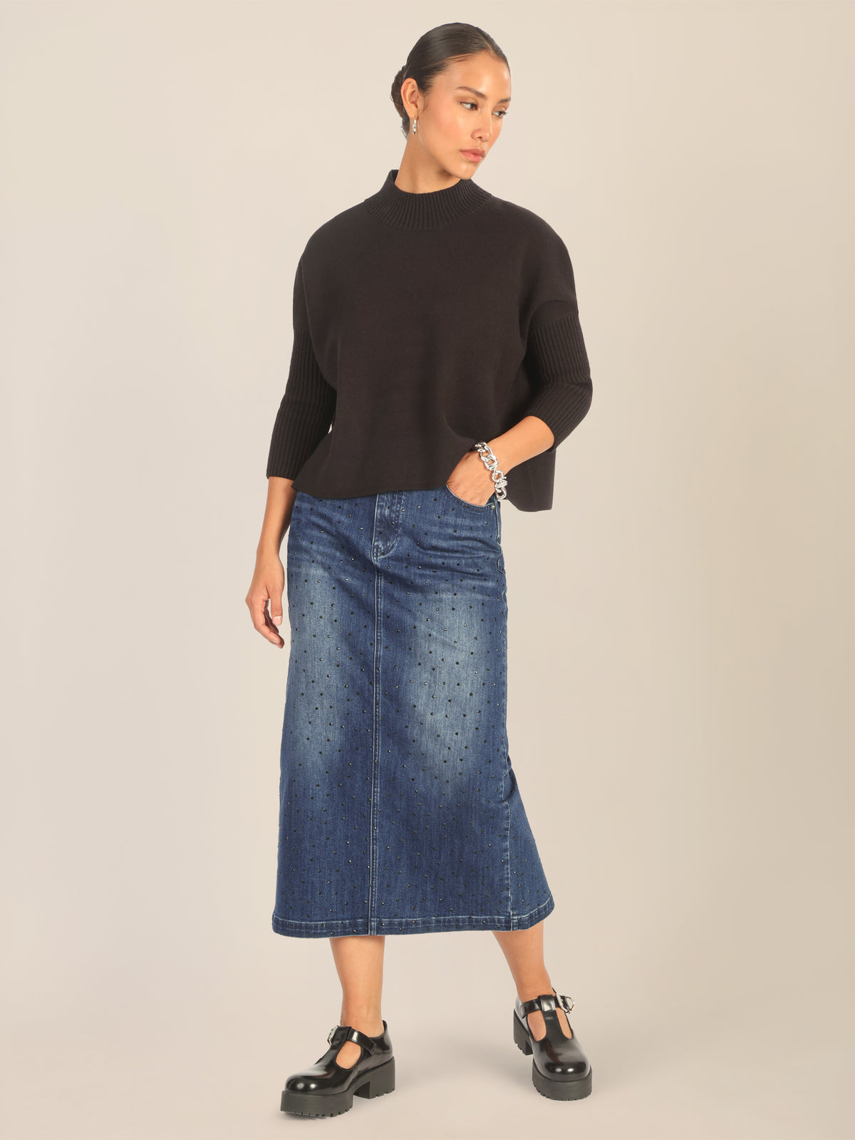 APART Jeansrock mit Kristallsteinen in Allover-Optik | mittelblau