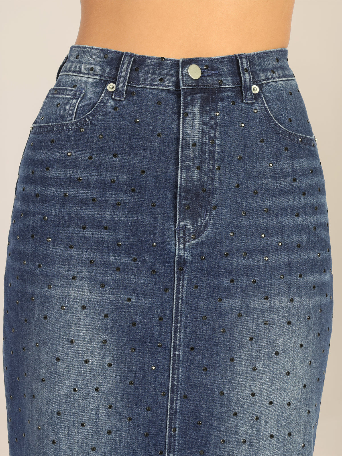 APART Jeansrock mit Kristallsteinen in Allover-Optik | mittelblau
