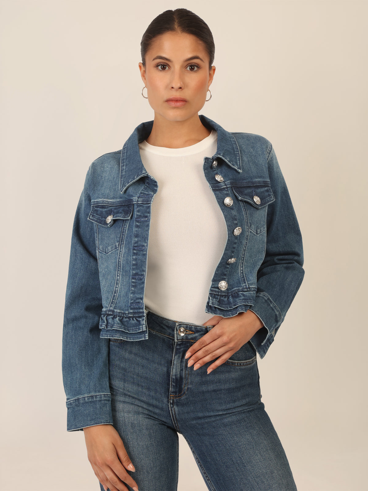 APART Jeansjacke mit Rüschen | mittelblau