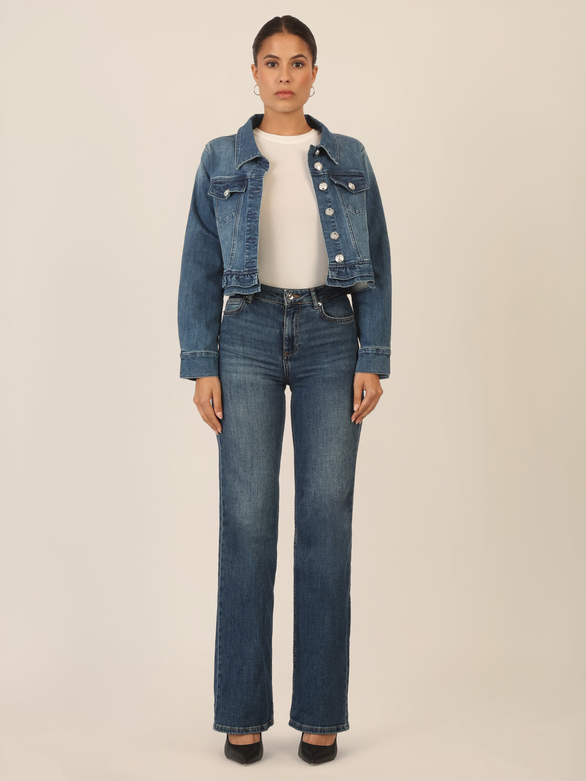 APART Jeansjacke mit Rüschen | mittelblau