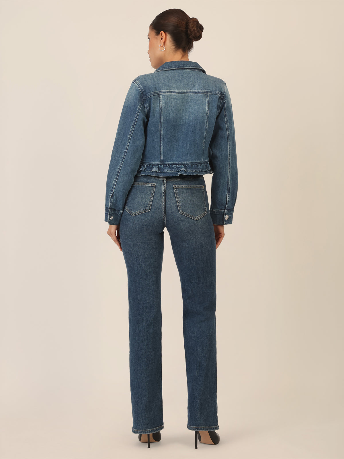 APART Jeansjacke mit Rüschen | mittelblau
