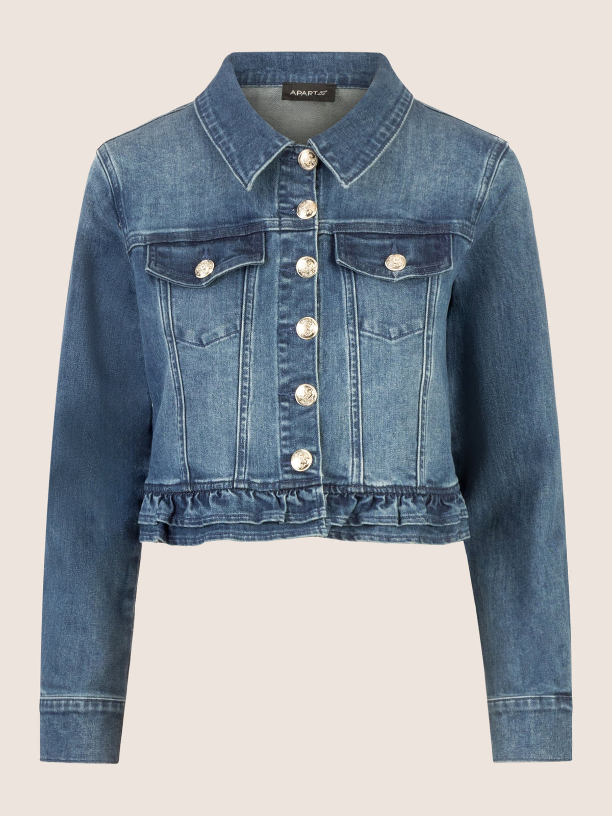 APART Jeansjacke mit Rüschen | mittelblau