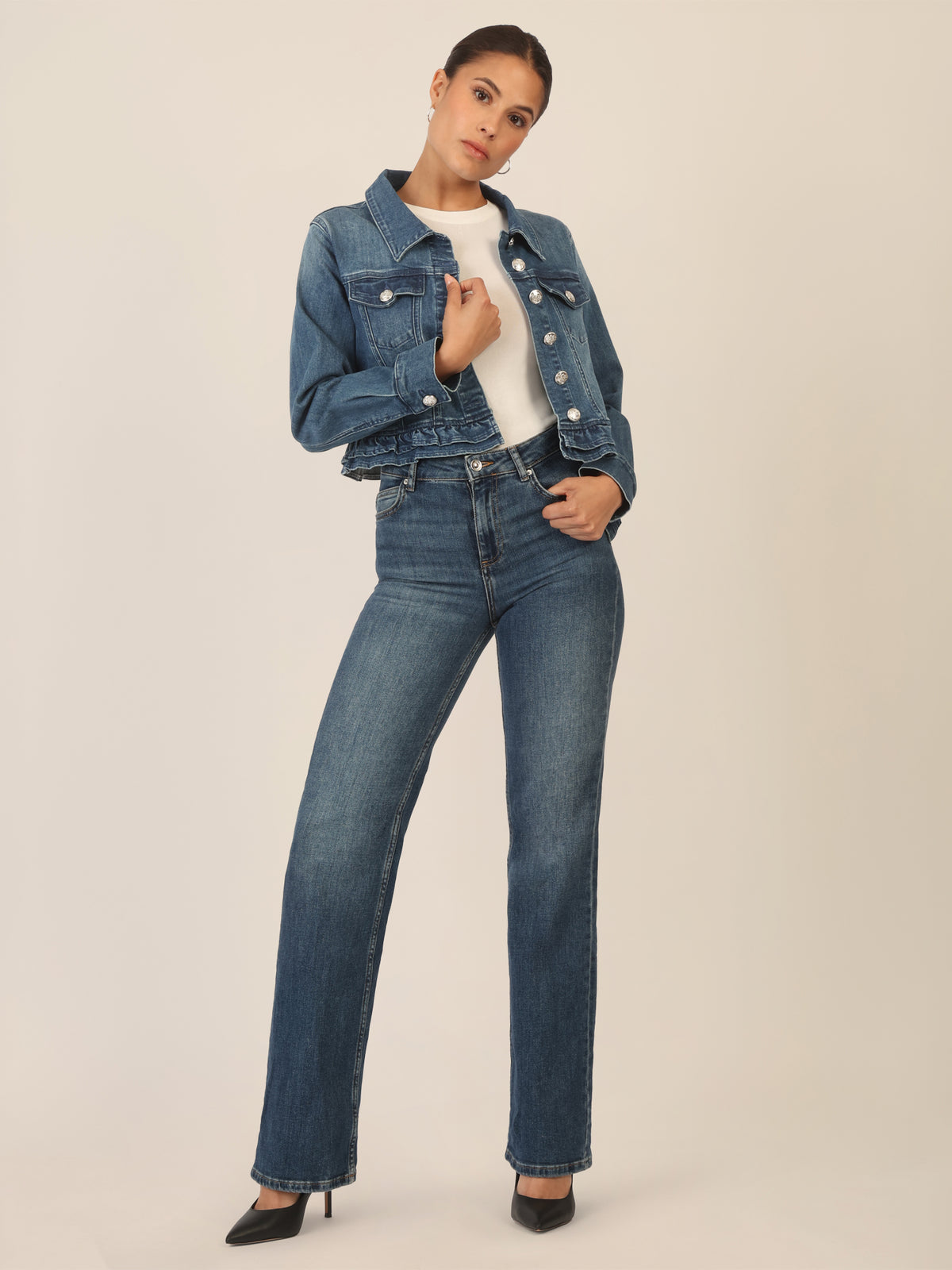 APART Jeansjacke mit Rüschen | mittelblau