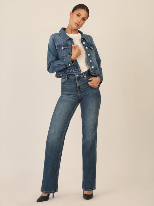 APART Jeansjacke mit Rüschen | mittelblau image 1
