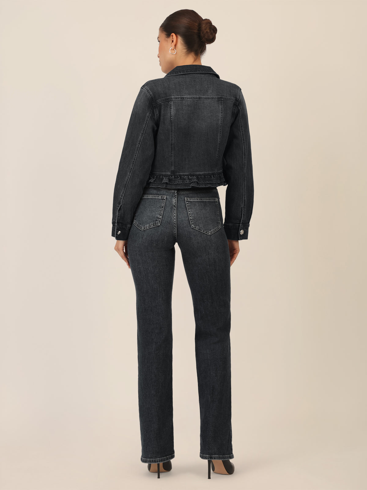 APART Jeansjacke mit Rüschen | schwarz