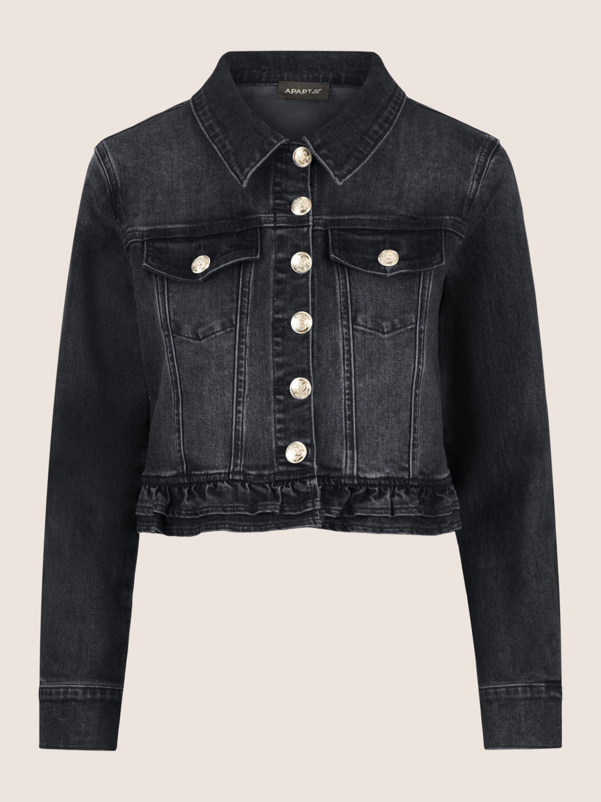APART Jeansjacke mit Rüschen | schwarz